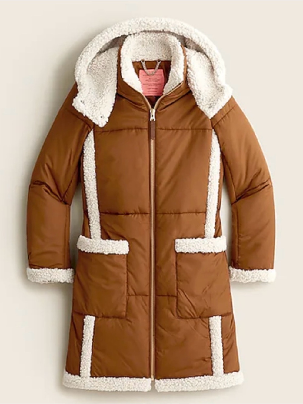 J.Crew PrimaLoft Sherpa-Trim Hooded Puffer Coat in Pecan Medium